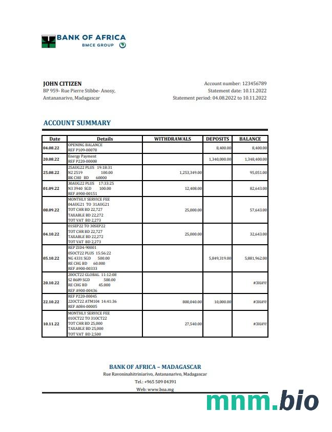 Madagaskar Bank Of Africa wyciąg bankowy Excel i szablon PDF